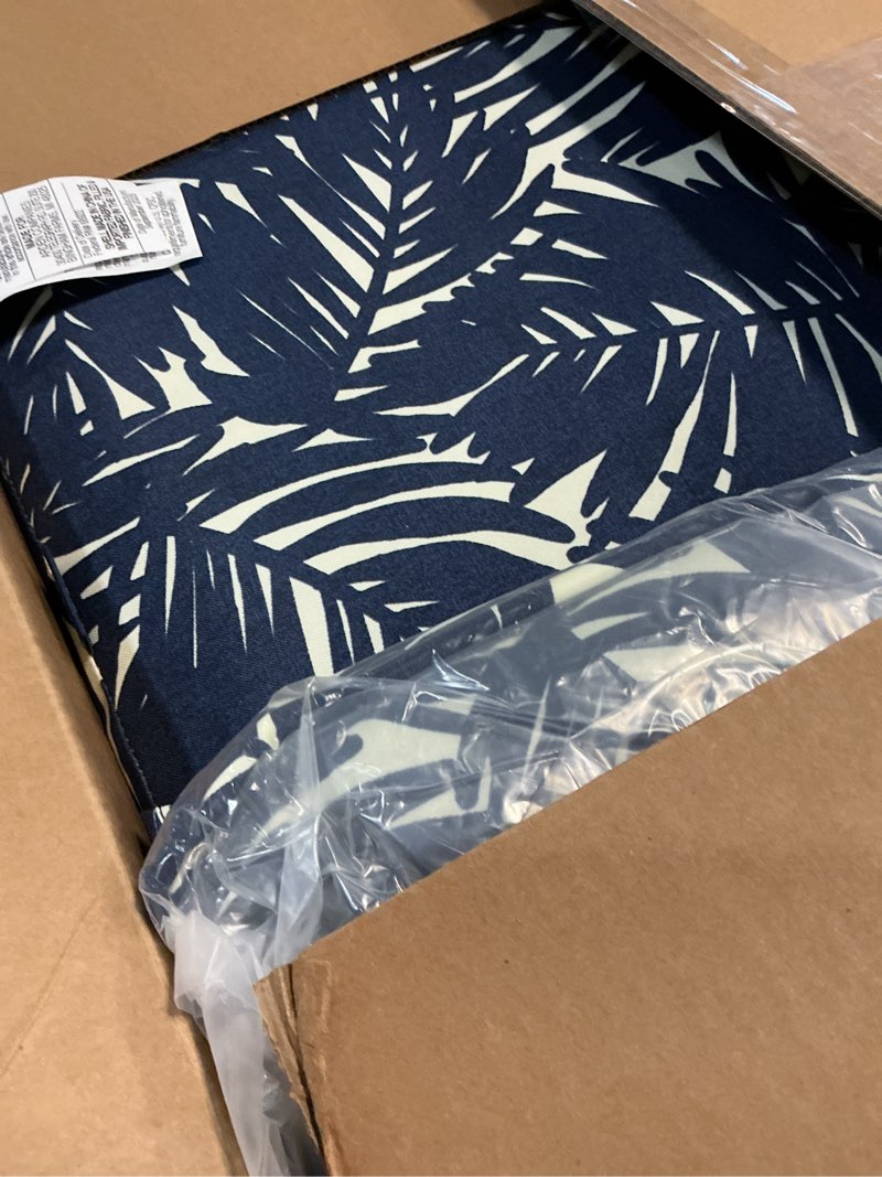 Condition photo showing Good Condition for arden earthfiber outdoor deep seat cushion set (2-pack), 24 in x 24 in, weather-proof, rain-proof, fade resistant patio cushion for chair, sofa, and couch navy blue king palm polyfill navy blue king palm 2 pack