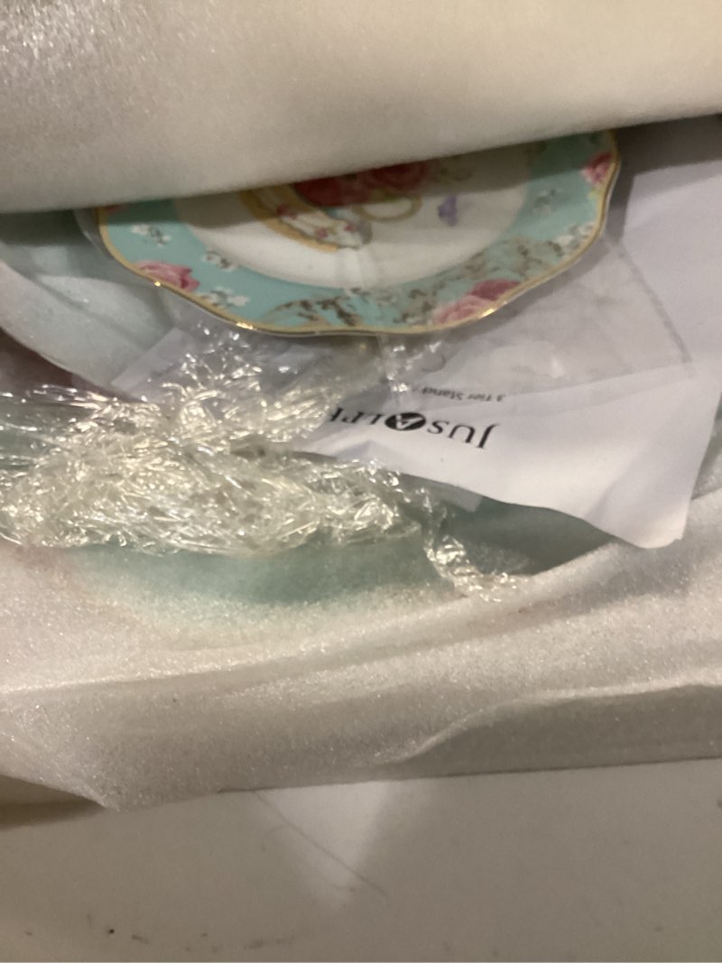 Condition photo showing New/Like New for jusalpha light blue 3-tier ceramic cake stand- cupcake stand- tea party pastry serving platter comes in a gift box- free sugar tong (fd-qd3t) blue, 1 set
