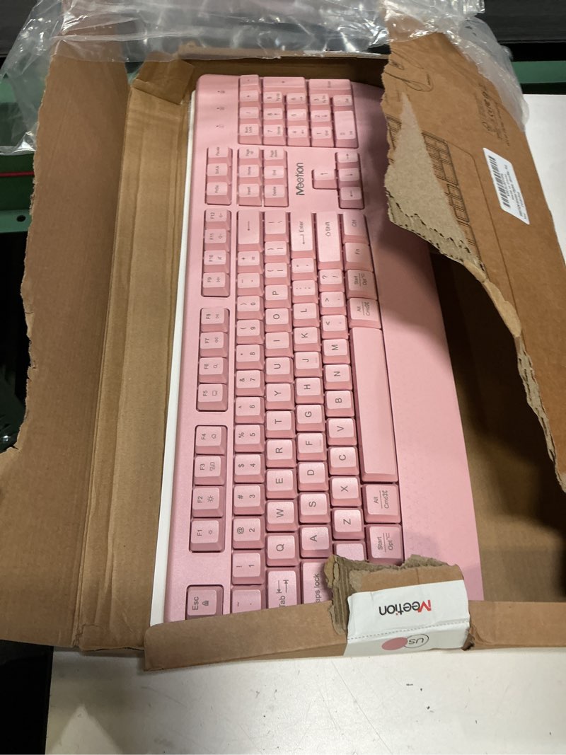 Condition photo showing As Is for MEETION Wireless Keyboard and Mouse, Full-Sized Cordless Keyboard with Wrist Rest, 3 DPI Adjustable Mouse, Keyboard and Mouse Set with 2.4GHz USB Receiver, for PC/Computer/Laptop/Windows/Mac, Pink