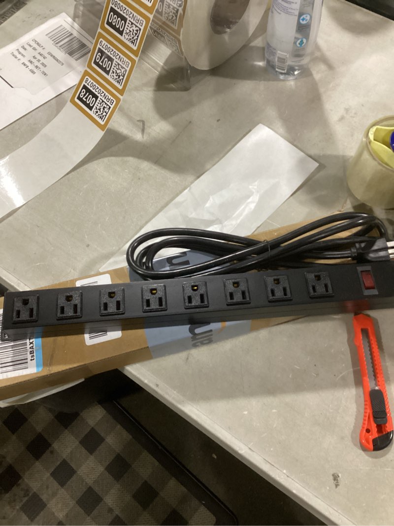 Condition photo showing Good Condition for hhsoet metal 8 outlet mountable power strip, wall mount outlet heavy duty, wide spaced commercial shop power strip with switch, 15a 125v 1875w, 6 ft sjt 14awg power cord.(black) 1 pack 6ft