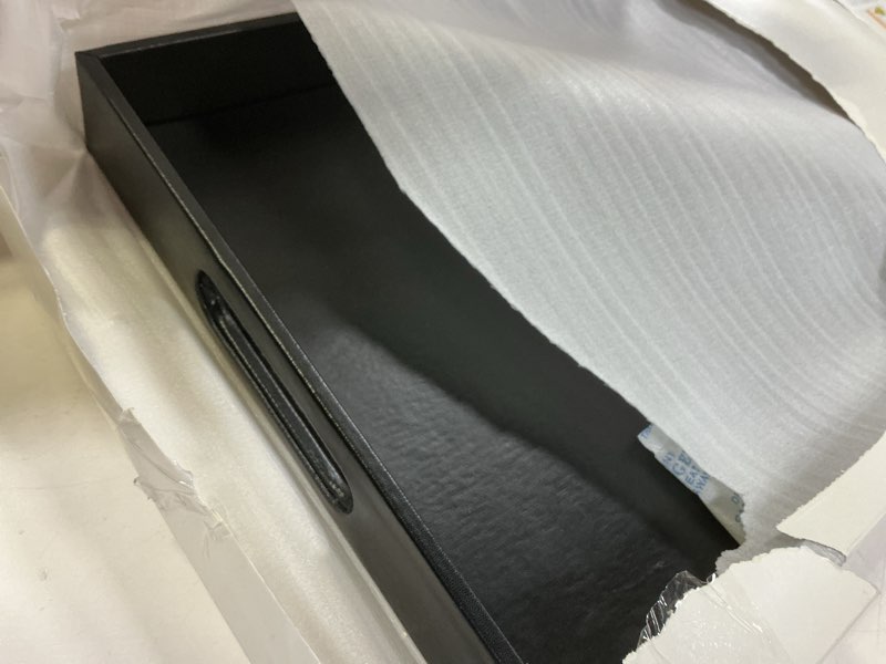 Condition photo showing Good Condition for Beautiful Modern Elegant 17.5"x12" Rectangle Classic Black Faux Leather Decorative Tray Ottoman Coffee Table Perfume Living Room Kitchen Serving Tray with Handles for All Occasion's Black Leather