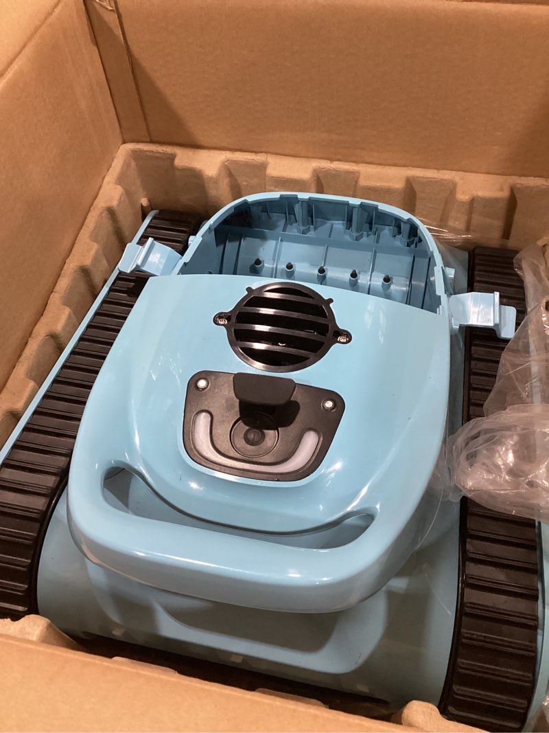 Condition photo showing As Is for cordless robotic pool cleaner, pool vacuum 180w brushless motor, 45000pa suction, wall & waterline climbing, auto path mapping, for pools up to 2150 sq.ft. blue