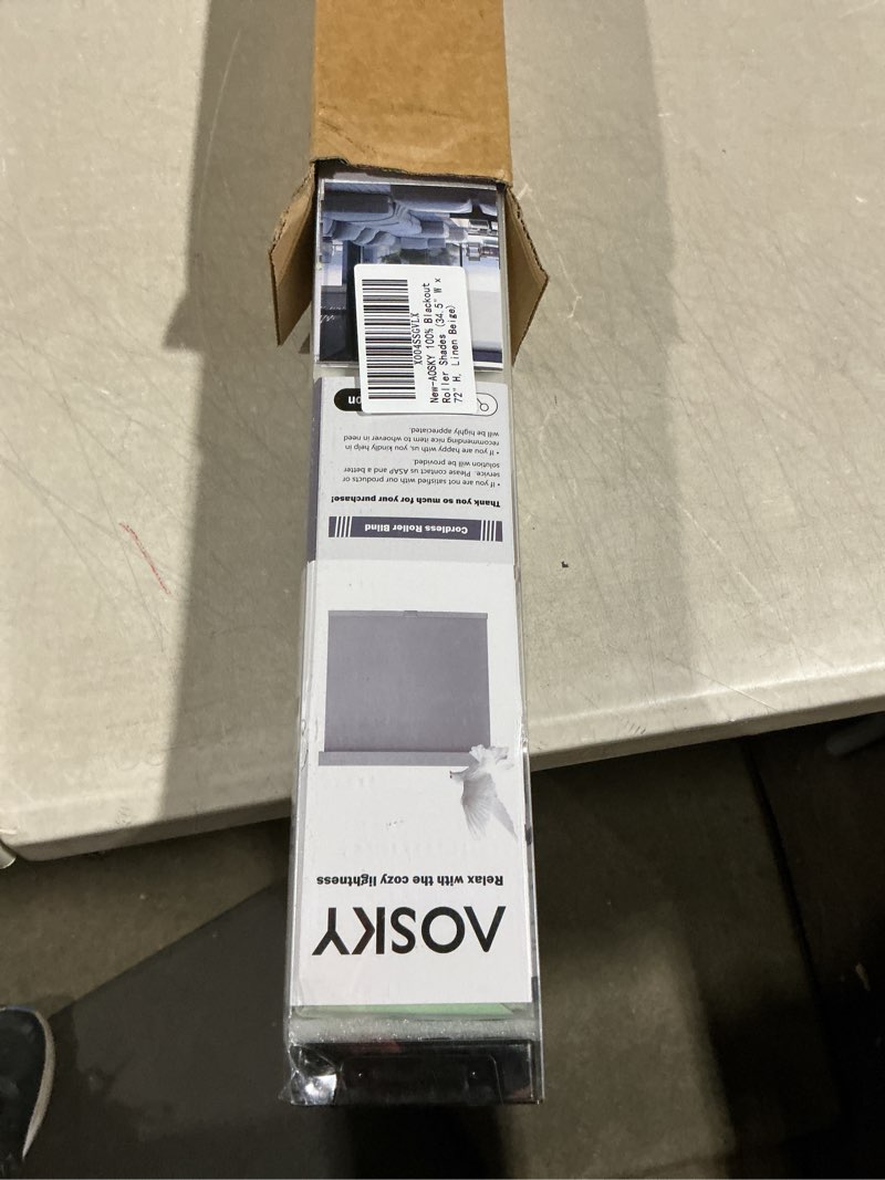 Condition photo showing Good Condition for aosky blackout roller shades cordless blinds for windows, free-stop shades with valance, thermal insulated fabric, uv protection, blinds for home and office (34.5" w x 72" h, linen beige linen beige 34.5"w x 72"h