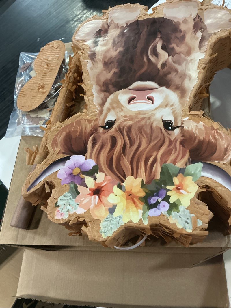 Condition photo showing New/Like New for shappy 4 pcs cow piñata highland cow birthday decorations piñata themed party supplies with blindfold stick confetti farm supplies for theme birthday party 15.75 x 11.22 inch(brown)