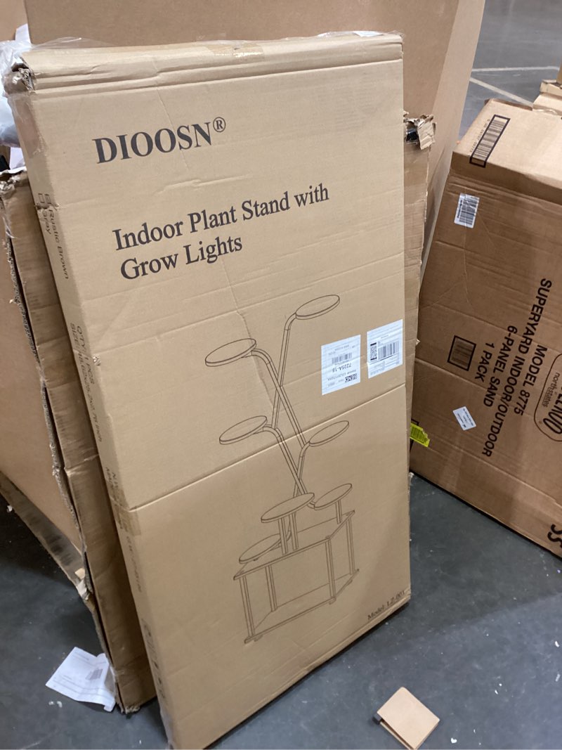 Condition photo showing Good Condition for 60" Tall Indoor Plant Stand, 9-Tiered Indoor Plant Stand for Large Plants, Metal Plant Stand Indoor with Grow Lights for Living Room, Balcony & Patio X-Shape Rustic Brown