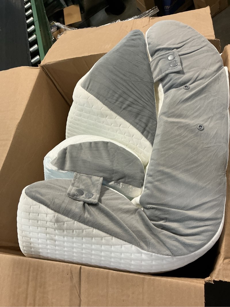 Condition photo showing As Is for sasttie wedge pillow set for after surgery, 2pcs adjustable bed wedge pillow headboard with memory foam neck cushion – for acid reflux, sleeping, neck & back support, dark grey & white adjustable 9&12 inch + 1 head pillow dark grey & white