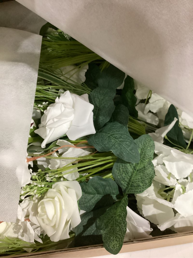 Condition photo showing Good Condition for ling's moment 41.0" tall free-standing wedding aisle artificial flowers for ceremony decor, 2pcs white walkway floral chair markers, faux rose altar arch arrangement spring decorations outdoor wht-white & lily & olive 41" tall x 22" cross