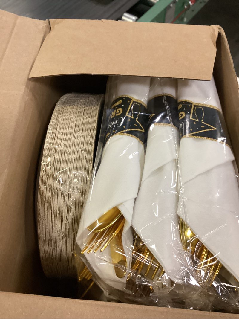 Condition photo showing New/Like New for meanplan 50 sets 2026 graduation party supplies tableware set gold pre rolled silverware for 50 guests class of 2026 disposable dinnerware for college high school congrats graduation party favors