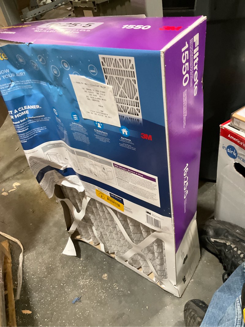 Condition photo showing As Is for filtrete 16-in w x 25-in l x 5-in merv 12 1550 mpr allergen, bacteria and virus electrostatic pleated air filter