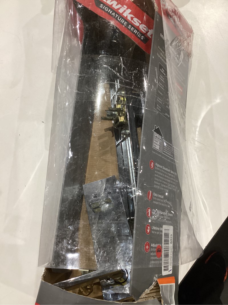 Condition photo showing As Is for kwikset caerus front door lock handle and deadbolt set, entry handleset exterior with interior lever, satin nickel, smartkey re-key security, with kwikslide, door handle backplate full escutcheon satin nickel keyed entry