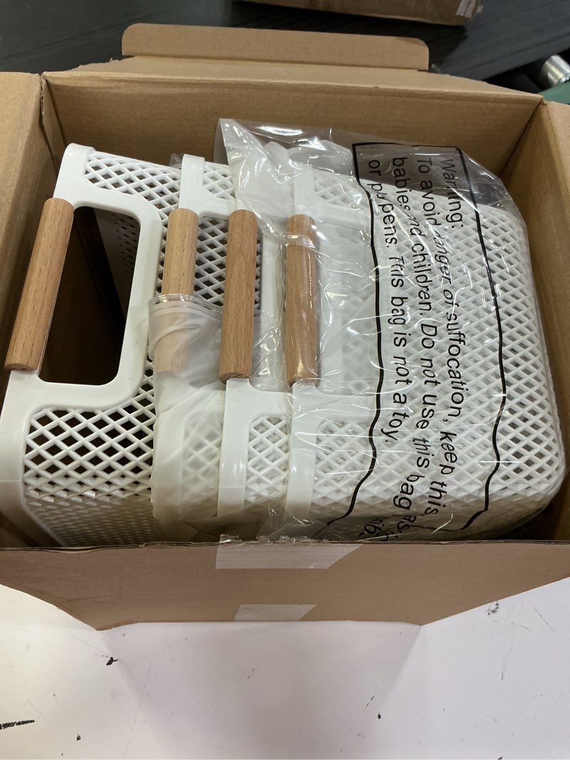 Condition photo showing Good Condition for tioncy 4 pcs white mesh baskets with wooden handles plastic storage organizer baskets pantry basket fruit vegetables gathering basket bin for organizing cabinet closet bedroom kitchen(medium)