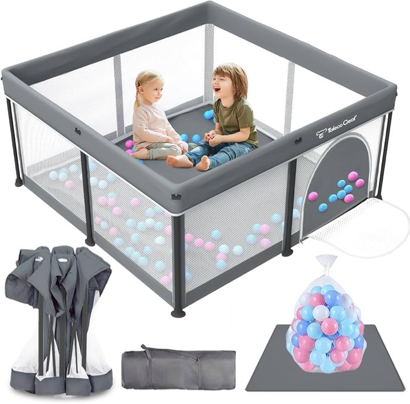 taleco gear foldable baby play pen with mat, 50''x50'' playpen for babies and toddlers, playpen for baby with gate, breathable,foldable travel play pen with 50 ocean balls