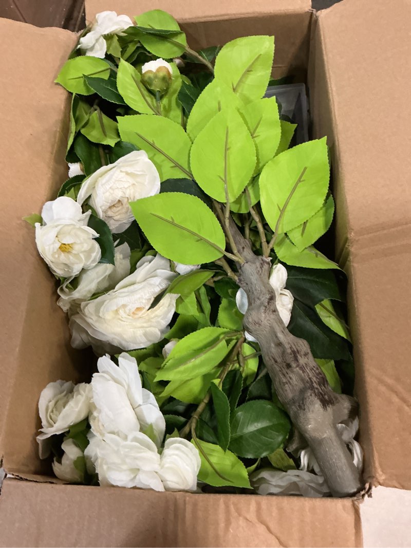Condition photo showing Good Condition for lunmon 2 pack 3ft artificial camellia plants tree 36" faux camellia flower with spike uv resistant realistic fake floral blooming bush for indoor outdoor front door porch backyard garden, white 3 ft white 2