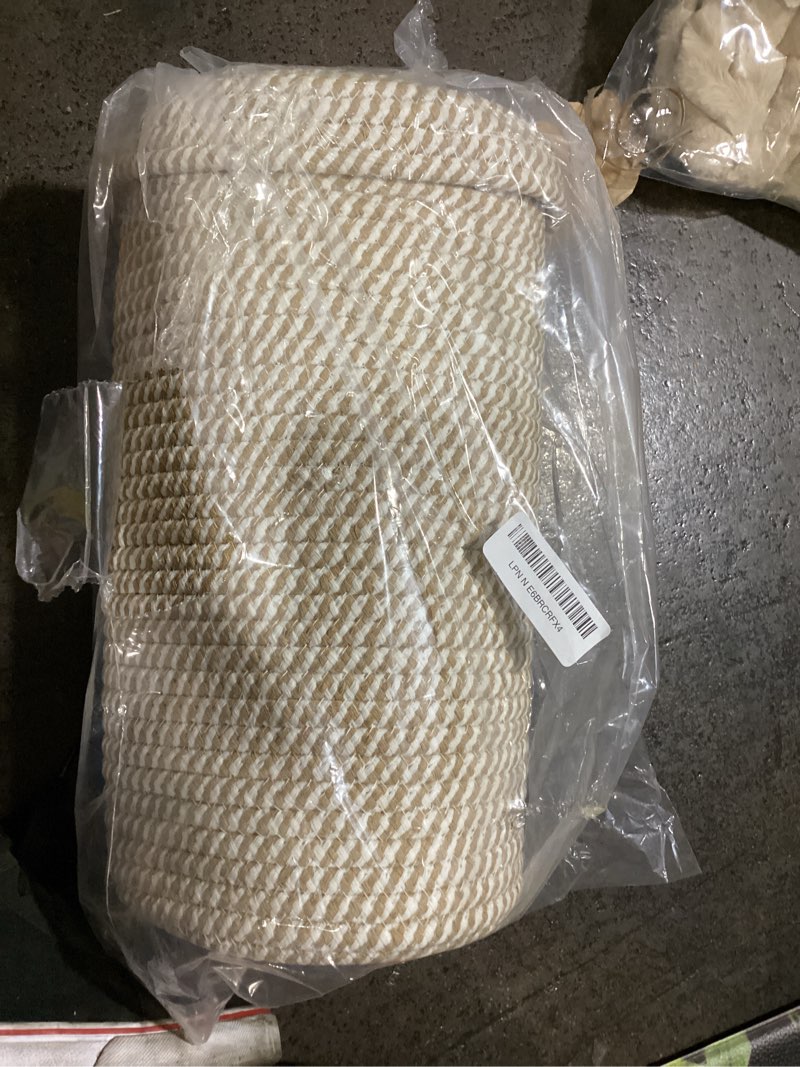 Condition photo showing New/Like New for toilet paper holder handmade – woven cotton toilet paper stand & storage basket with lid, freestanding organizer for bathroom, fits 3 mega rolls gradient brown 14'' x 7'' cream brown