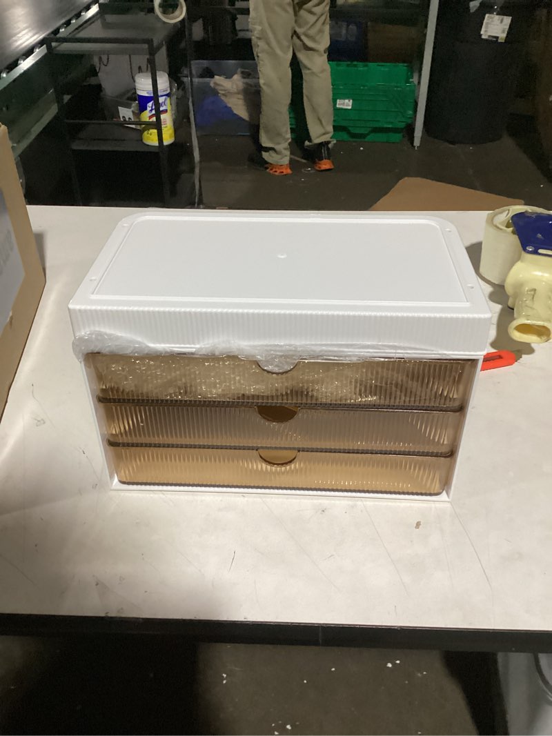 Condition photo showing Good Condition for 3 Large Drawers Makeup Organizer - 5 Tier Bathroom Counter Organizers and Storage, Versatile Perfume Vanity Organizer, Ideal for Cosmetic, Large Skincare, Face Mask, Office Supplies, Amber Amber 3 Drawers