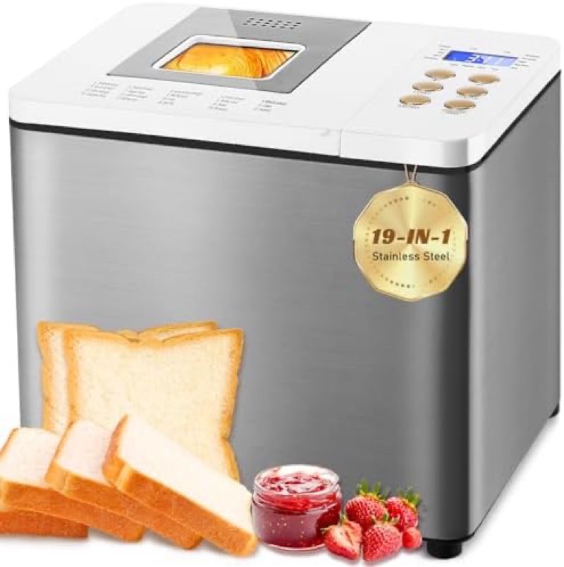19-in-1 Smart Dual Heaters Bread Maker With Heat-Conductive Nonstick Ceramic Pan, Quiet Bread Machine with 15H Timer & 1H Keep Warm, Stainless Steel BreadMaker with French, Gluten-Free,Sourdough