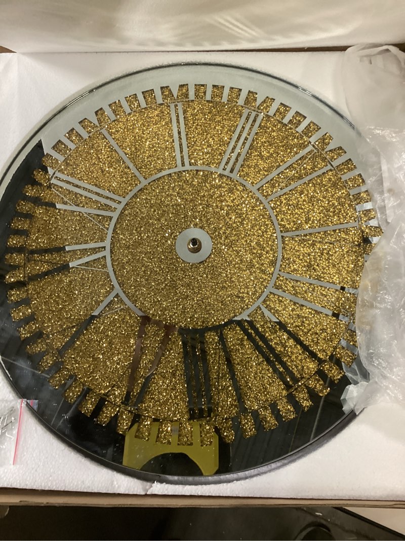 Condition photo showing New/Like New for ((Incomplete))Gold Diamond Mirror Clock Modern Wall Hanging Clock for Bedroom Round Wall Clocks with Sparkle Crystal Diamond 16 inch Decorative Mirrors for Living Room Home Office, AA Battery not Included Black-new 16 inches