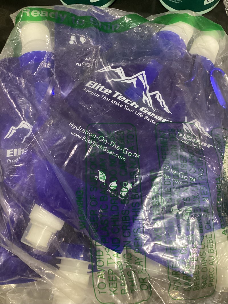 Condition photo showing As Is for elite screens collapsible water bottles - 10-pack, 16.9 oz, blue - foldable & reusable water bottle with carabiner strap for hiking, camping & cycling - long flight must-haves & theme park essentials