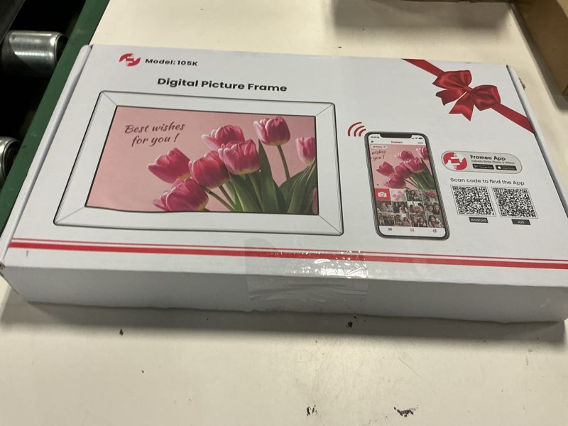 Condition photo showing New/Like New for frameo 10.1" digital picture frame with 32gb memory wifi electronic photo frame wood 1280 x 800 ips touch screen auto-rotate slideshow wall mountable share photos/video remotely anywhere 10.1" brown wood
