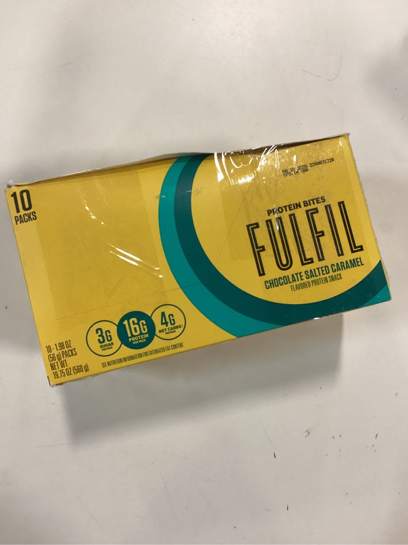 Condition photo showing New/Like New for (BEST BY 10/2025) FULFIL Protein Snack Bites, Chocolate Salted Caramel Flavored, Gluten Free with 16g Protein per serving, 7 Bites per Bag (10 Bags)