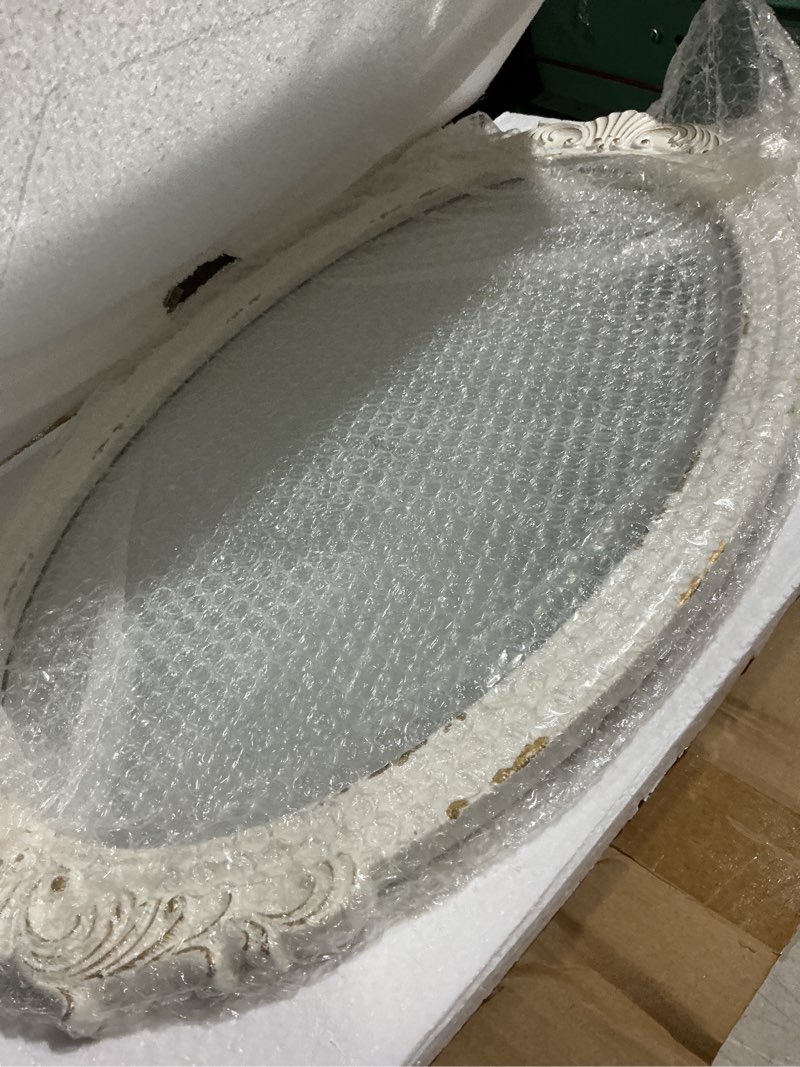 Condition photo showing Good Condition for antique arendahl glam ornate oval mirror 24" x 14", hanging distressed white vintage mirrors for wall decor living room, wood mirrors for bathroom entryway, horizontal or vertical white, 13.8" x 23.6"