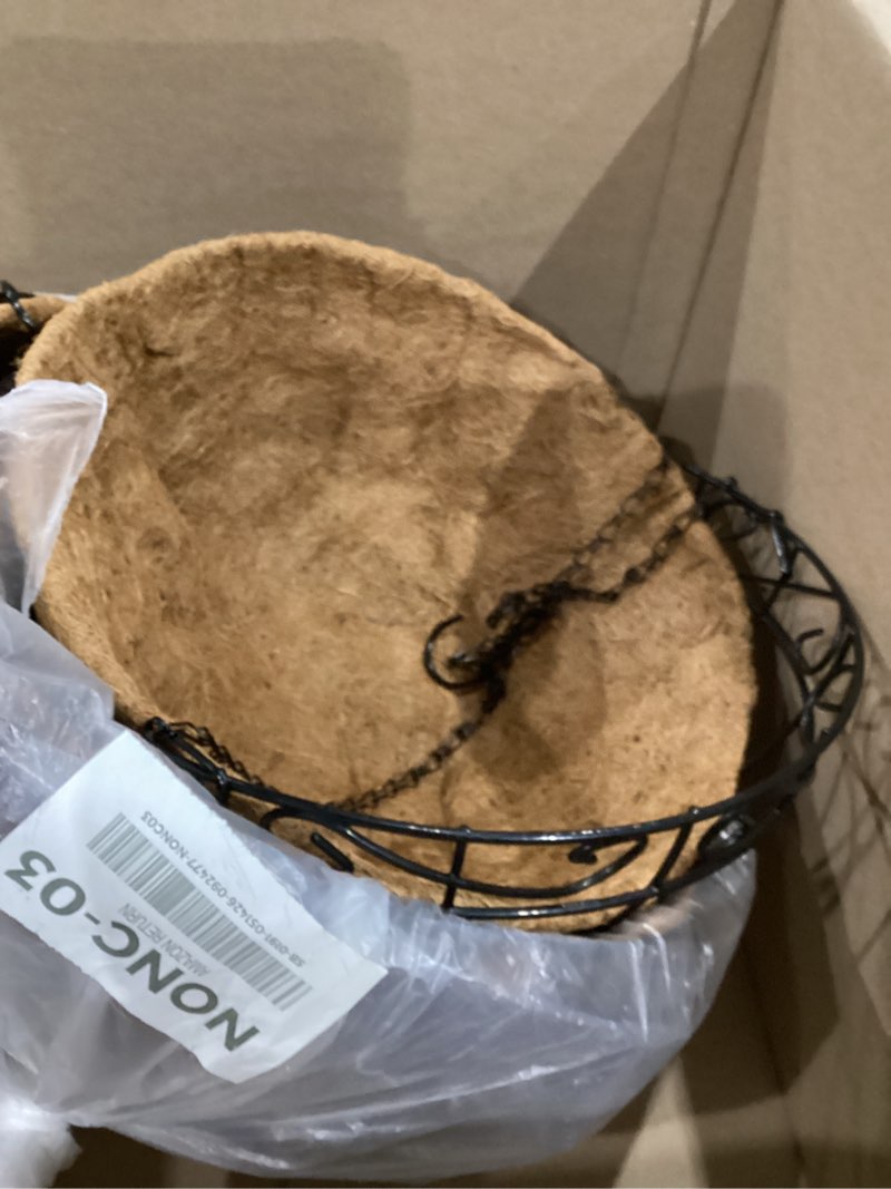 Condition photo showing Good Condition for amagabeli garden & home 4 pack hanging plant planter baskets 10 inch with coco coir liner chain round metal wire artificial plants holder chain flower pot hanger garden porch decoration bg401