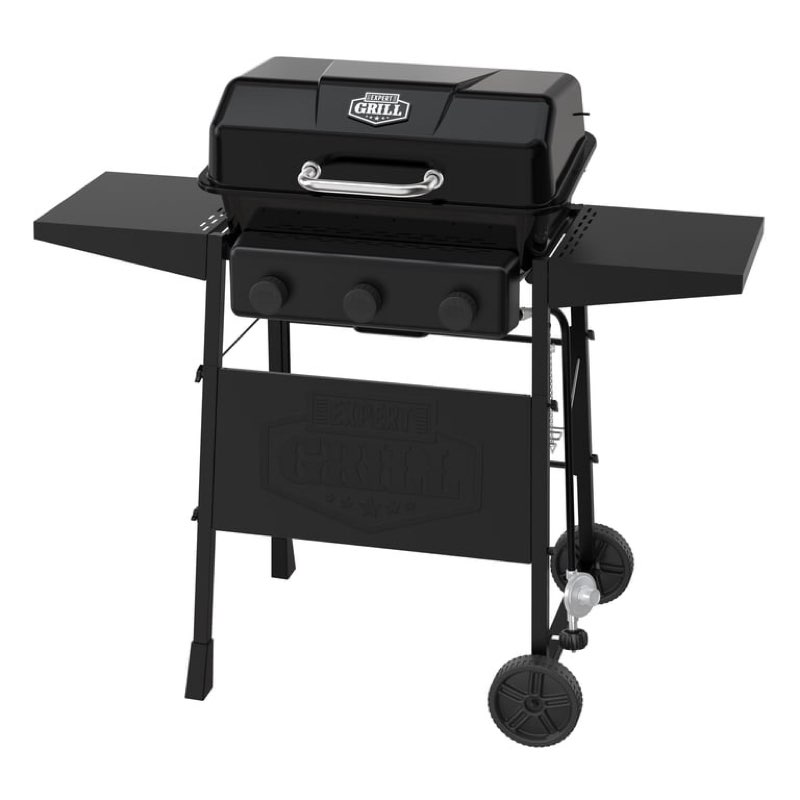 expert grill 3-burner propane gas grill with wheels and side shelves, black