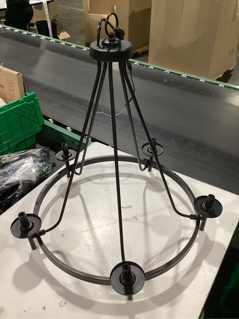 Condition photo showing As Is for Progress Lighting Strahan 5 -Light Black Clear glass Steel Chandelier
