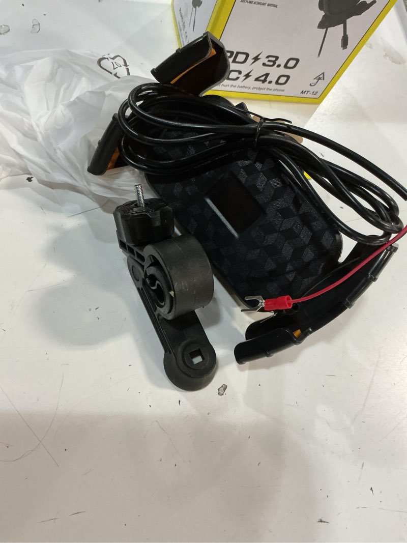 Condition photo showing As Is for motorcycle phone mount,with usb charger (qc3.0/pd3.0 fast charging),built-in retractable type-c data cable,with motorcycles and electric bicycles,compatible with all phones from 4.7-6.8" mt-12-1