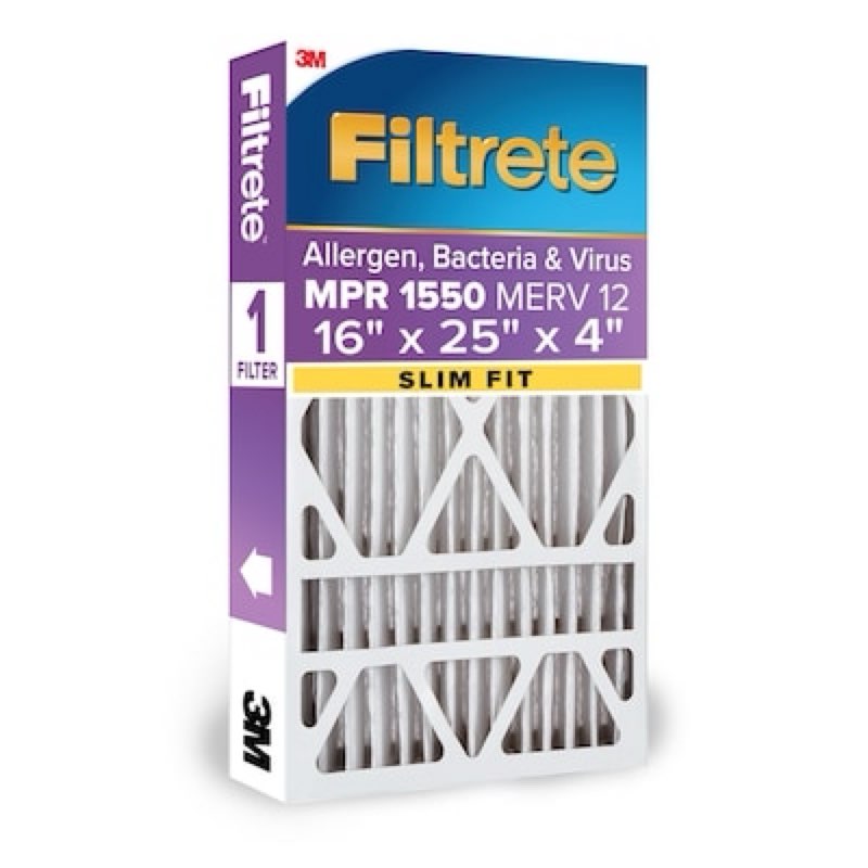 filtrete 16 x 25 x 4 (slim fit) merv 12 1550 mpr slim allergen, bacteria and virus electrostatic pleated
