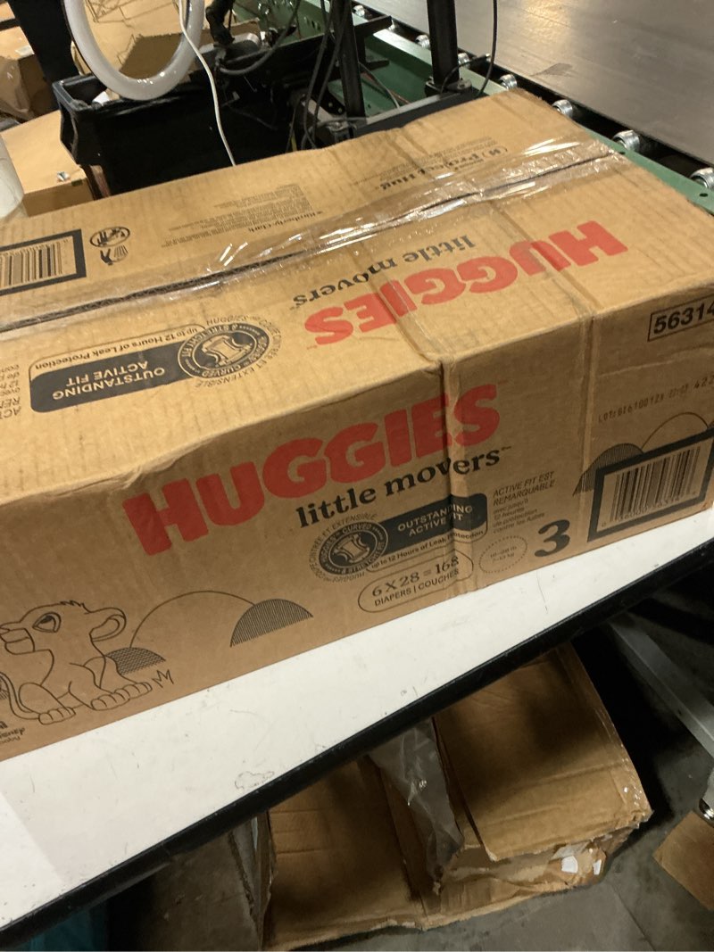 Condition photo showing New/Like New for huggies size 3 diapers, little movers baby diapers, size 3 (16-28 lbs), 168 count (6 packs of 28), packaging may vary