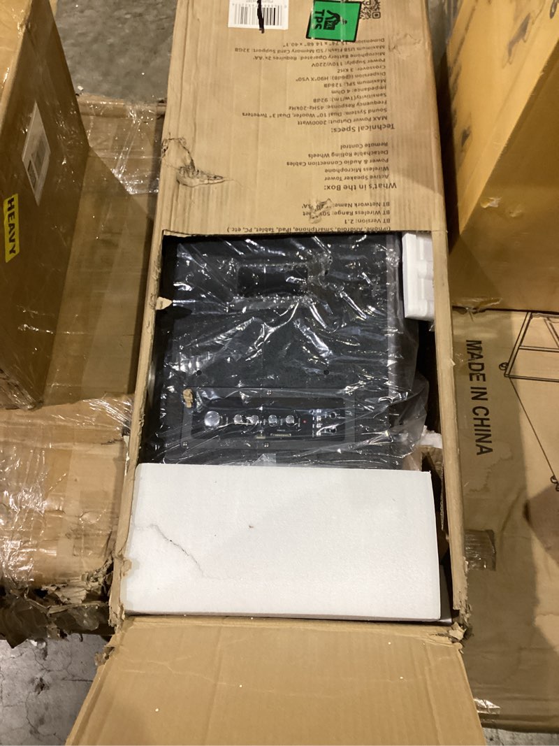 Condition photo showing As Is for Pyle Portable Bluetooth PA Speaker System - 2000W Active powered Outdoor Bluetooth Speaker Portable PA System w/ Microphone In, Party Lights, USB SD Card Reader, AUX/RCA/FM Radio, Wheels - PSUFM1043BT