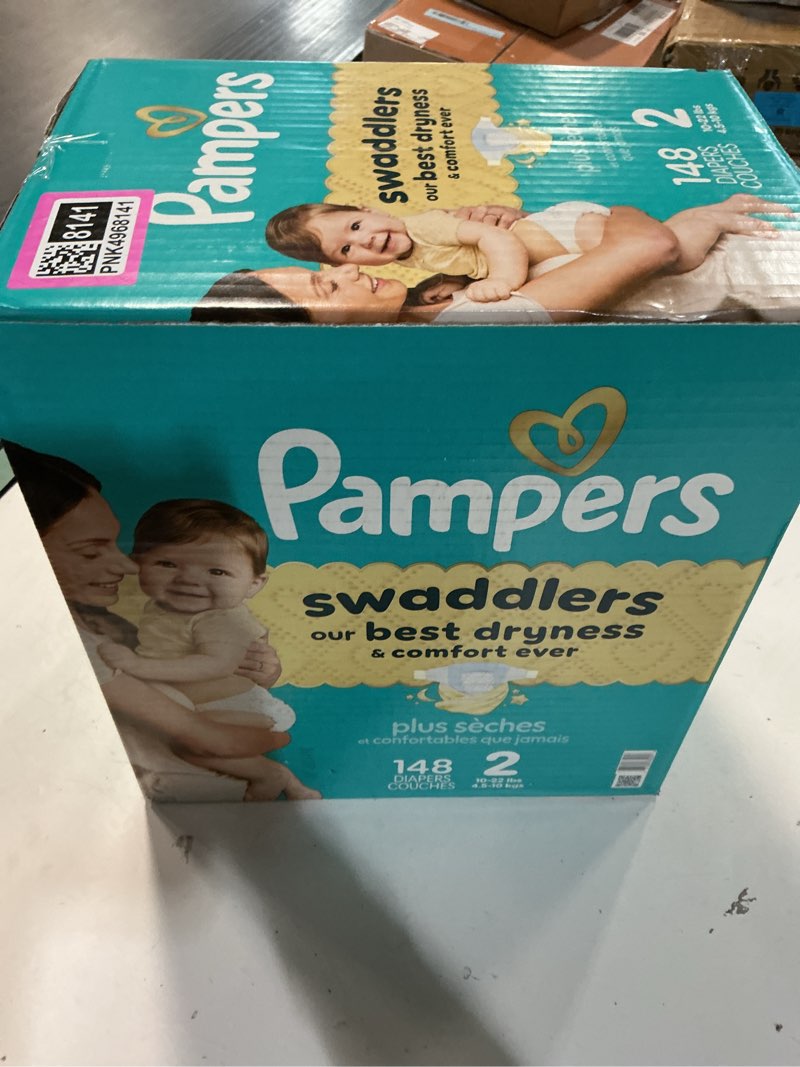 Condition photo showing New/Like New for pampers swaddlers diapers, size 2 (10-22 lbs), 148 count, absorbent, keeps baby dry and comfortable, skin safe disposable baby diaper size 2 148