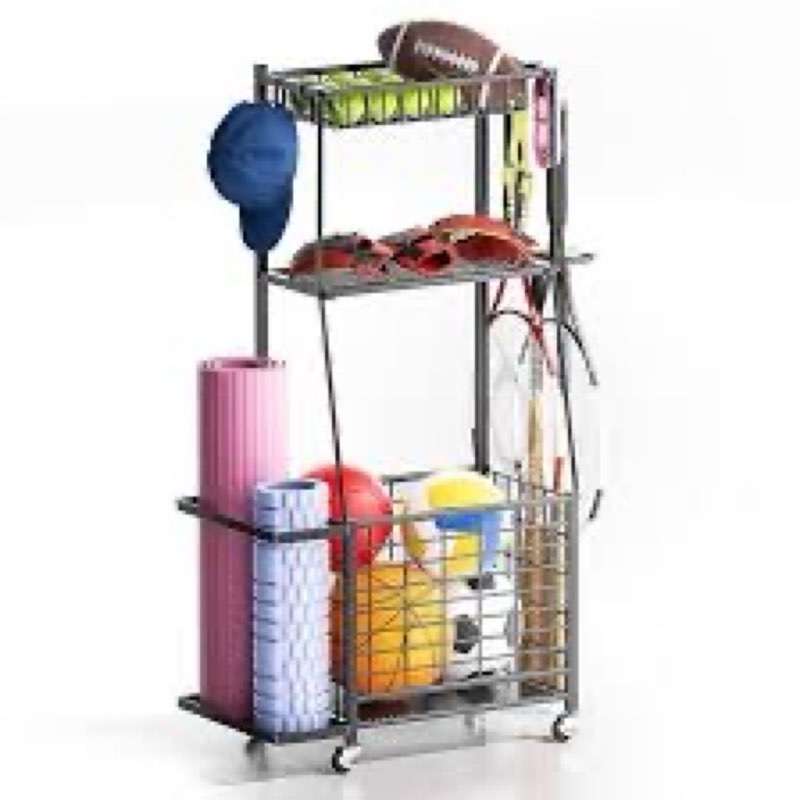 ZHOOGE Sports Equipment Organizer Garage Storage Organization, Garage Organizer Ball Storage Rack Rolling Cart with Basket and Hooks for Toy/Sports Gear Storage Indoor/Outdoor Use, Black