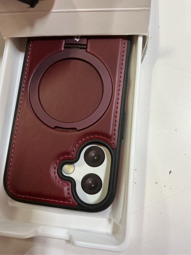 Condition photo showing New/Like New for butaiga for iphone 17 leather case with stand, anti-slip grip ring, fits for magsafe (burgundy, iphone 17) burgundy iphone 17