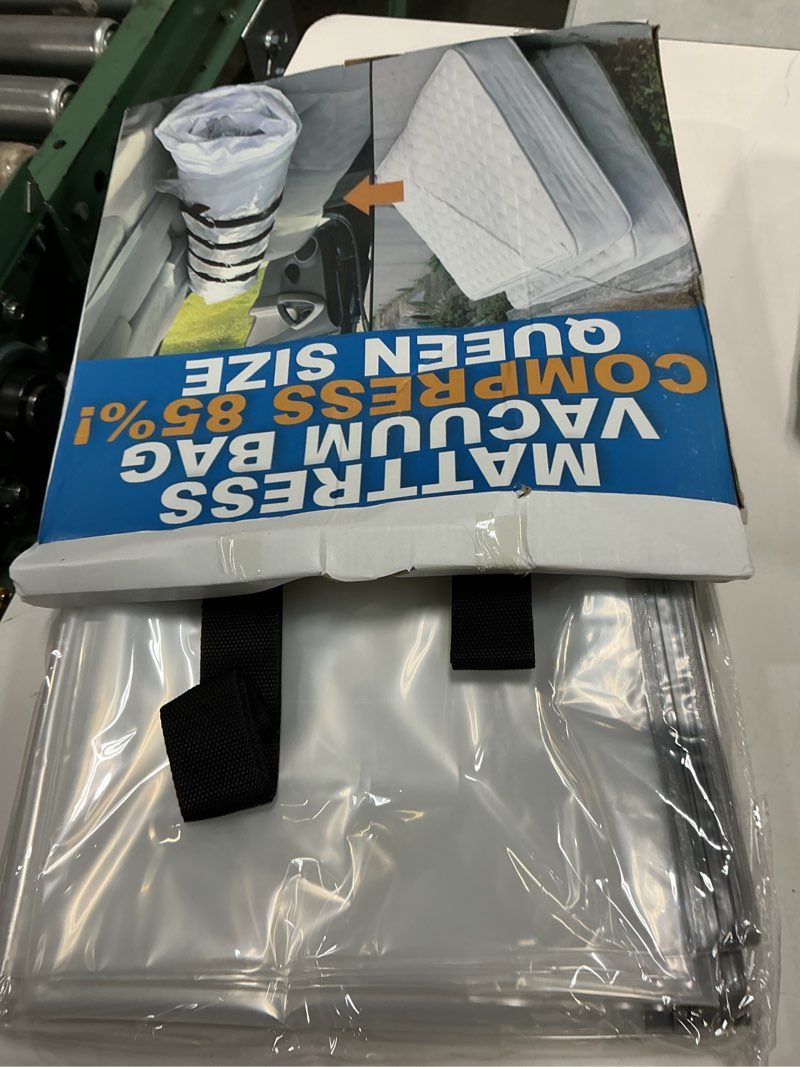 Condition photo showing As Is for mattress vacuum bag for moving, vacuum seal mattress bag for memory foam or inner spring mattresses, compression and storage for returns, leakproof valve and double zip seal (queen/full/full-xl) queen/full/full-xl clear