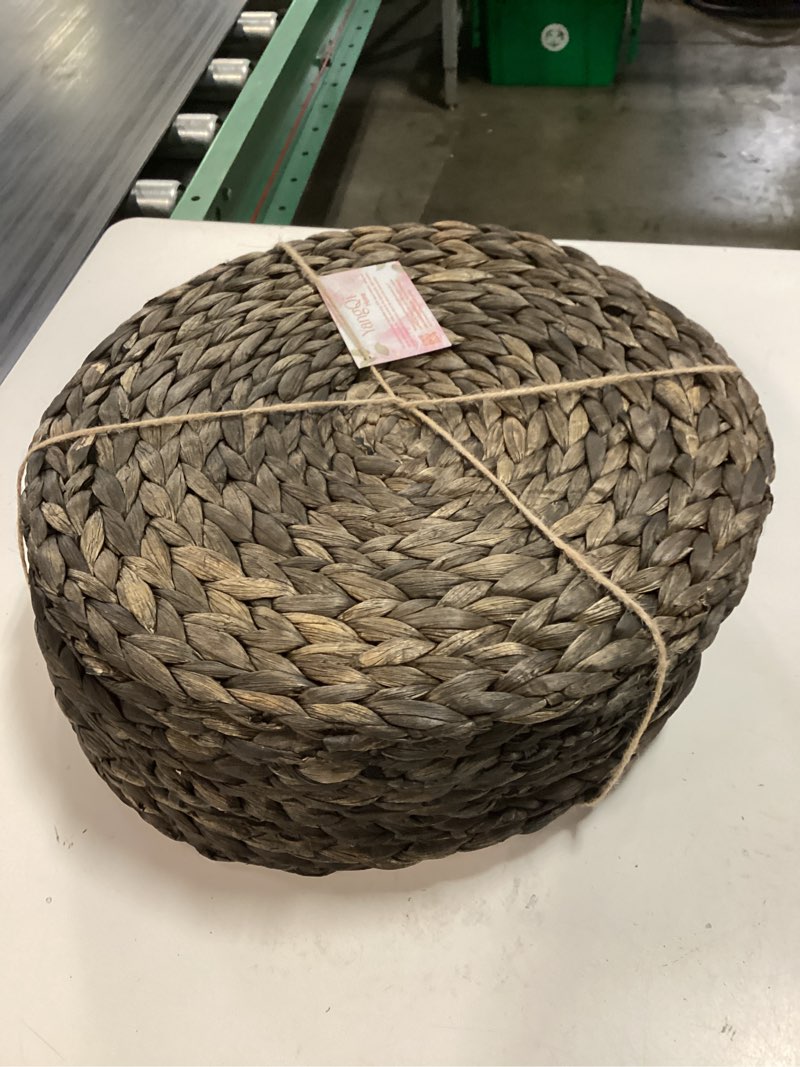 Condition photo showing New/Like New for 10 pack, round woven placemats, natural water hyacinth wicker place mats, braided straw table mats for dining table, fall, halloween, thanksgiving, chrismats, black (13.8 inch) black (set of 10)