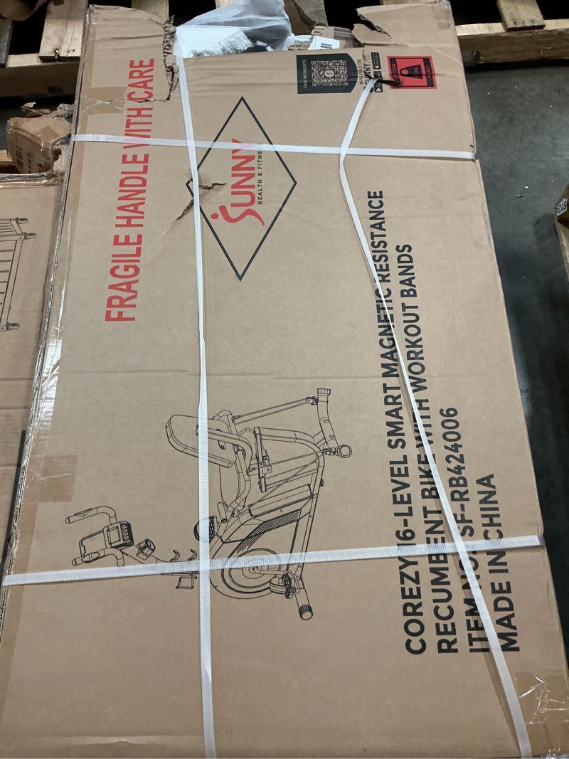 Condition photo showing New/Like New for Sunny Health & Fitness Smart Heavy-Duty Recumbent Bike w/Wide Cushioned Seat & Back, Indoor Cycling Machine for Adult/Seniors Home Exercise, Free SunnyFit App Connect, Optional Workout Training Bands Advanced