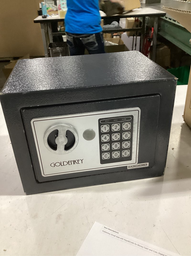 Condition photo showing As Is for Goldenkey Small Safe with Keys&Code for Money Cash and Coin, Digital Mini Kids Safe Bank for Home, 6.69"D x 9.05"W x 6.69"H, 0.3 Cu.Ft. 0.3 cu.ft S1-Safe Only