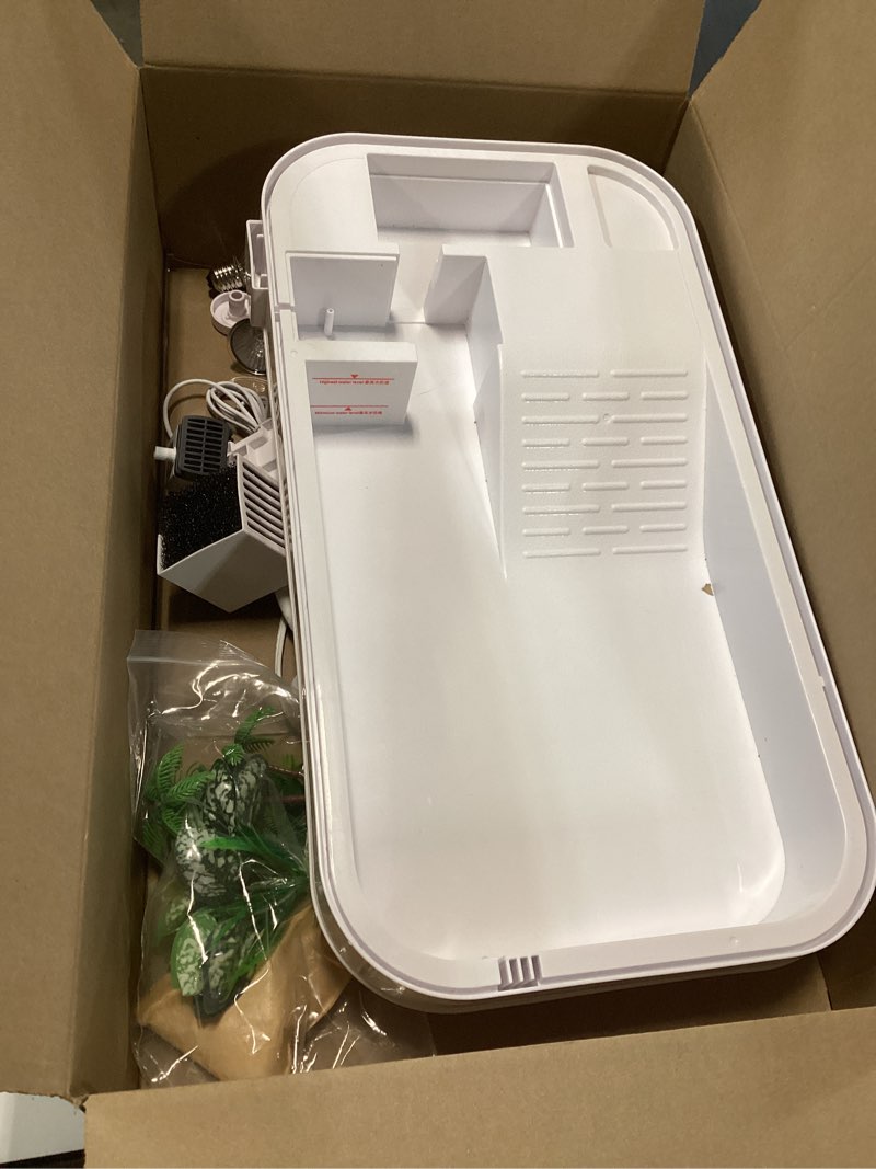 Condition photo showing As Is for moonorange small turtle tank kit (tank + light + filter), acrylic turtle tank starter kit with basking platform, bottom drainage, multi-function areas for turtles, crabs, crayfish, small reptiles.