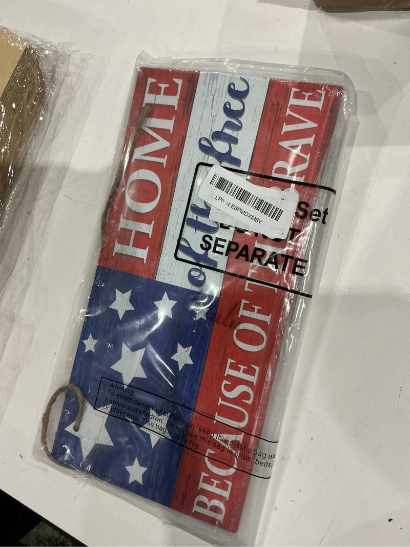 Condition photo showing Good Condition for patriotic wooden hanging sign 4th of july wooden wall door sign home of the free because of the brave plaque american independence day wall decoration for home door porch party farmhouse