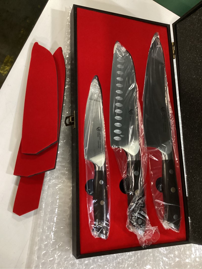 Condition photo showing New/Like New for 3-piece professional kitchen knife set – full tang, ultra-sharp german 1.4116 high carbon stainless steel – forged chef knives with ergonomic ebony wood handles – includes premium wooden gift box.