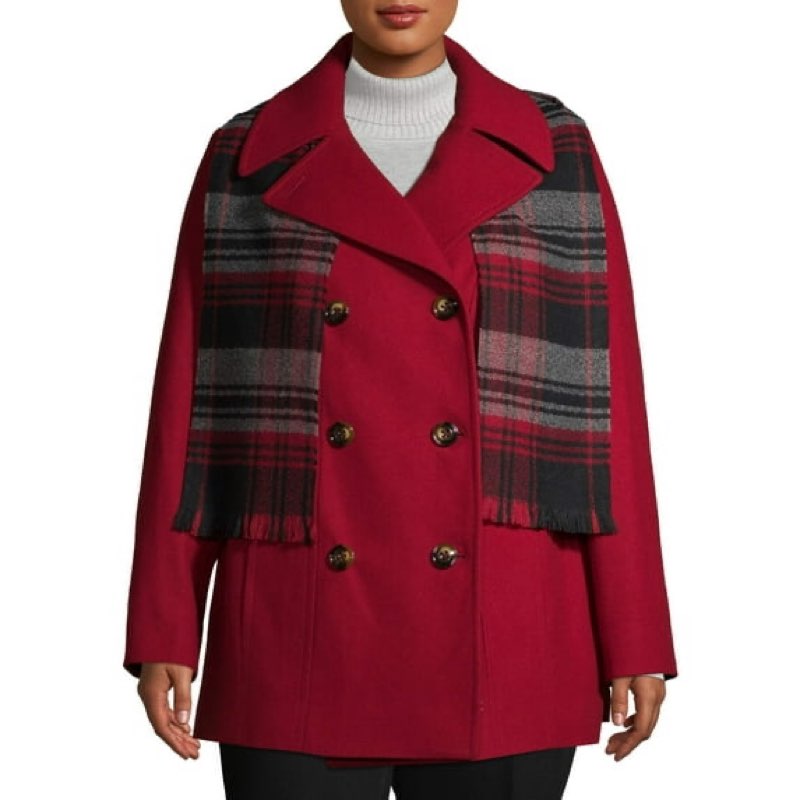 LONDON FOG Women's Plus-Size Double Breasted Peacoat with Scarf, Red, 3X