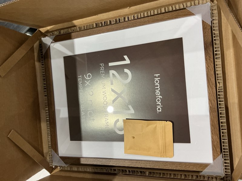 Condition photo showing New/Like New for homeforia 12x15 picture frame brown, high end dark oak 12x15 walnut wood poster frame with mat 9x12 print, 12 x 15 wooden frame matted to 9 x 12 photo, 15x12 frames, tempered glass, wall kit, set of 1 pack of 1 wood brown oak 12x15