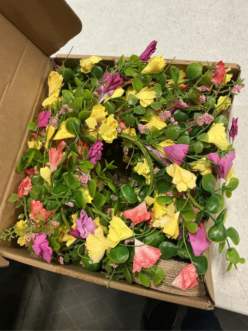 Condition photo showing New/Like New for 6 pcs small spring summer hanging wreaths for cabinets with artificial yellow pink purple flower mini candle ring wreath with lavender for home kitchen front door window porch wall wedding decoration yellow flower wreath 6