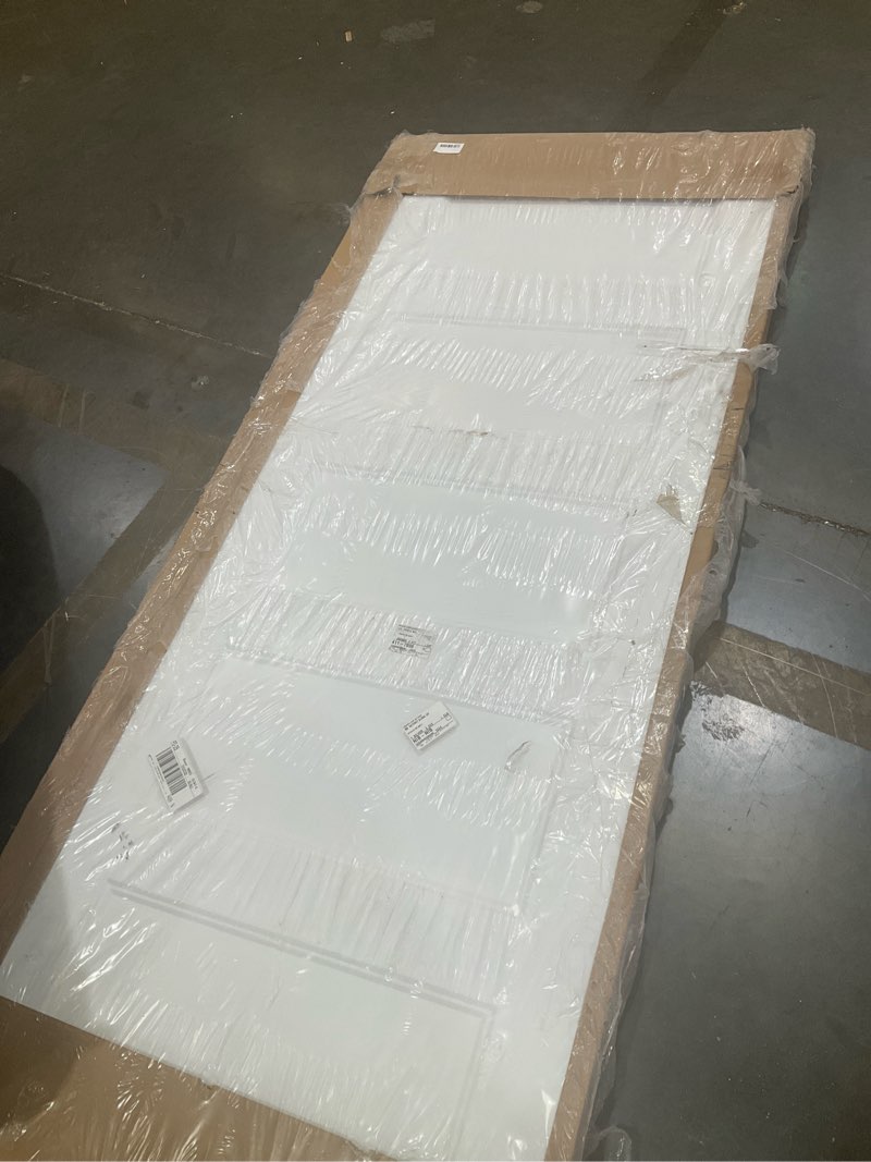 Condition photo showing As Is for barnsmith 48x80 in 5-panel bypass sliding closet door, white primed door slab with bypass closet track hardware kits, paintable and lightweight 48' x 80"