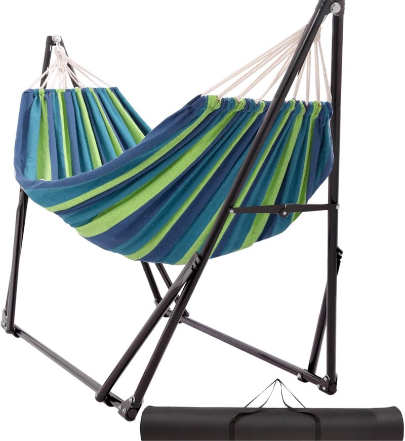 hammock with foldable steel stand,frabic tension adjustable,carrying bag included, 616 lbs weight capacity, portable suitable for outside garden yard outdoor inhouse cyan