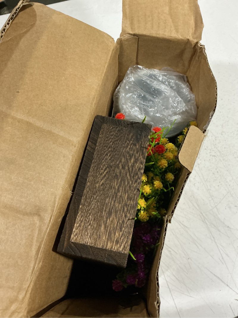 Condition photo showing Good Condition for calavak decorative centerpiece wooden tray with 3 metal potted artificial babys breath gypsophila plant flowers rustic country farmhouse décor for dining room, living room and kitchen table milan plants