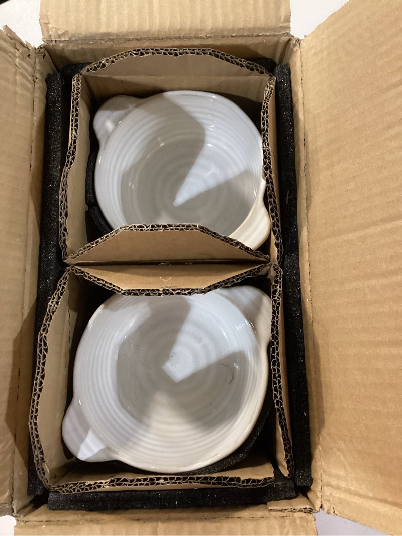 Condition photo showing As Is for le tauci soup bowls with handles, 20 oz french onion soup crocks, soup bowl oven safe for chili, beef stew, ceramic bowl set - 5.5 inch, set of 4, arctic white