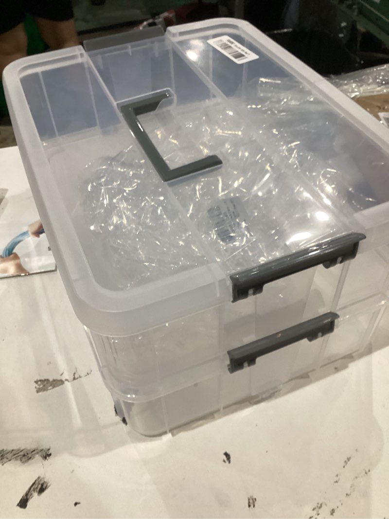 Condition photo showing Good Condition for juxyes 2-tiers stack carry storage box with handle, transparent stackable storage bin with handle lid latching storage container for school & office supplies dark gray